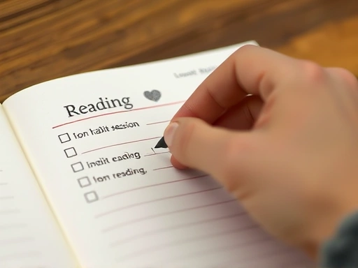 A close-up of a hand marking off a completed reading session on a simple habit tracker or journal, showing tangible progress and a sense of accomplishment.