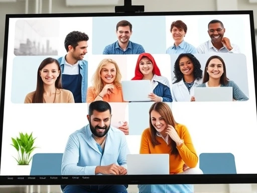 A diverse group of people collaborating seamlessly on a digital interface, representing remote teamwork and effective communication. The scene is bright and professional, with a focus on connection and shared goals, incorporating elements of technology and virtual interaction.