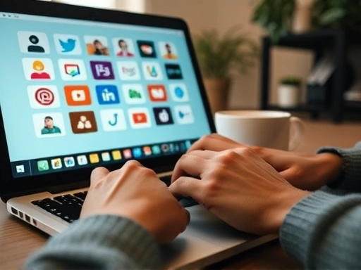 A close-up shot of hands typing on a laptop with various collaboration app icons visible on the screen, surrounded by a subtle blur of a home office setting. The focus is on the act of digital collaboration and the tools used, emphasizing productivity and remote work. 