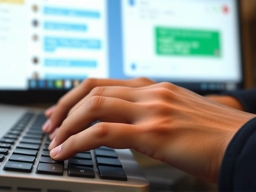 Close-up of hands typing on a keyboard, with communication app interfaces visible on a screen, depicting efficient asynchronous communication and collaborative chat, focusing on the detail of digital interaction for remote work.