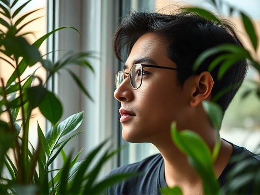 Close-up of a person looking thoughtfully out a window during a short break from remote work, surrounded by indoor plants, reflecting creativity and rejuvenation.