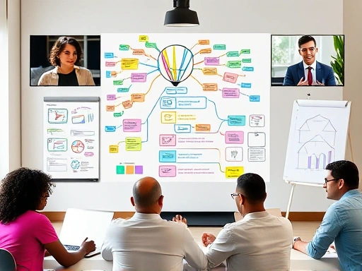 A diverse group of people collaborating creatively in a vibrant virtual meeting, with colorful mind maps and shared digital whiteboards, remote work setting.