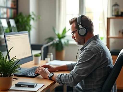 A person with headphones working intently at a well-organized, brightly lit home office desk with a green plant, symbolizing focus and productivity in a remote work environment.