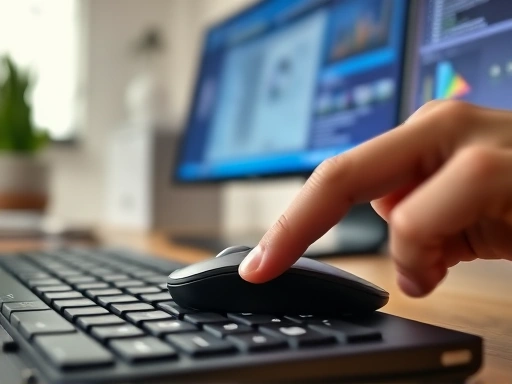 Close-up of a hand clicking on a computer mouse next to a keyboard, showing a focused remote work setup with a blurred background of a tidy home office and a monitor displaying work-related content, emphasizing digital focus.