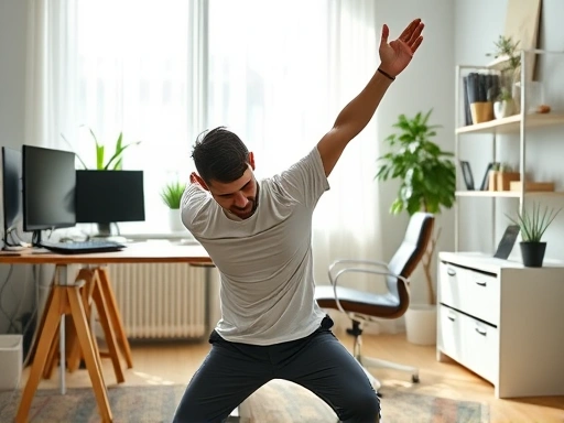 A person stretching in a well-lit home office, showing a comfortable ergonomic setup and a balanced work-life environment, focusing on remote work health management.