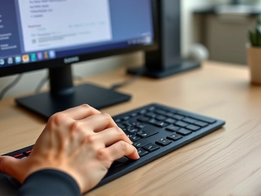 A close-up shot of a person's hands operating an ergonomic mouse and keyboard, with a clear monitor screen showing a work task, emphasizing good posture and eye comfort during remote work.