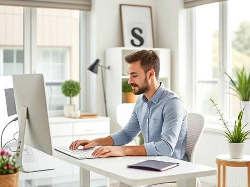 A bright, modern home office space with a person clearly focused on work at a tidy desk, illustrating effective remote work-life balance and a professional environment.