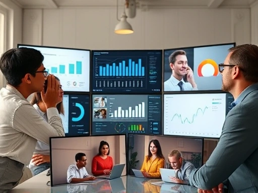 A focused shot of a diverse team collaborating remotely on a video call, screens showing charts and performance metrics, symbolizing effective remote work evaluation.