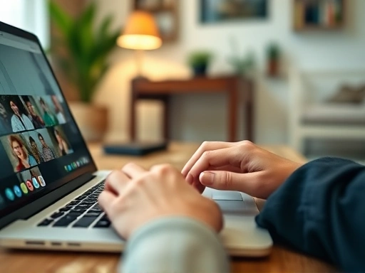 Close-up of hands typing on a laptop with a virtual meeting open, showing a blurred background of a cozy home office, illustrating proactive career management in a remote setting.