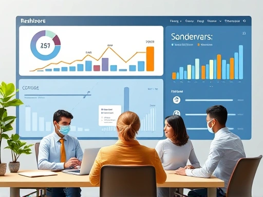 A professional, modern image depicting remote work productivity being measured on a dashboard, with graphs and data, and a diverse team collaborating virtually, emphasizing efficiency and successful task completion.
