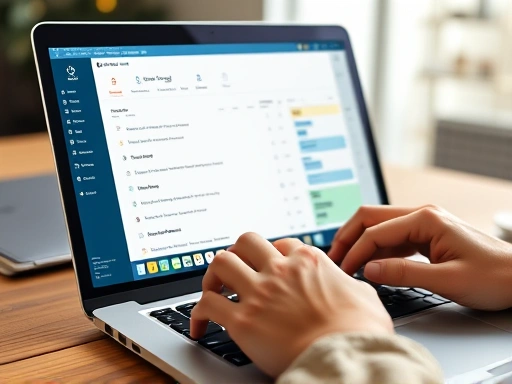 Close-up of a person's hands typing on a laptop with a task management software open, showcasing clear goals, productivity tools, and a focus on remote work efficiency and time management.