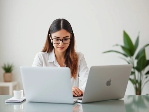 A professional woman in a modern, minimalist home office, focused on her laptop, demonstrating calm productivity, with natural light and a plant, symbolizing remote work skills enhancement.