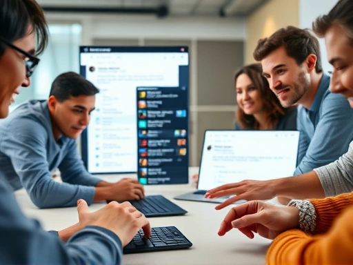 Close-up of a diverse team collaborating virtually on a project management software interface, showing different cursors and active chat windows, highlighting effective digital communication skills.