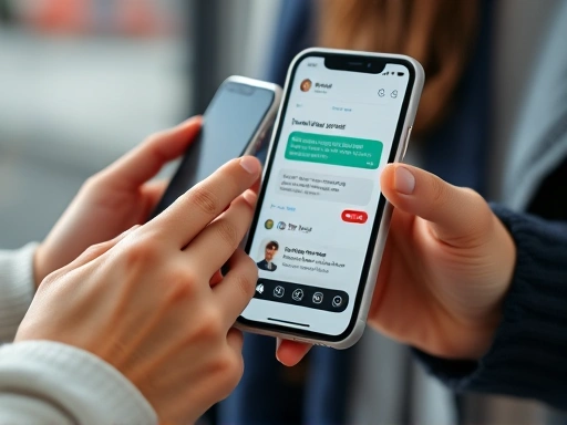 Close-up of two hands holding smartphones, one with a dating app chat interface showing a safe, respectful conversation, emphasizing secure and effective communication, with a subtle blur in the background.