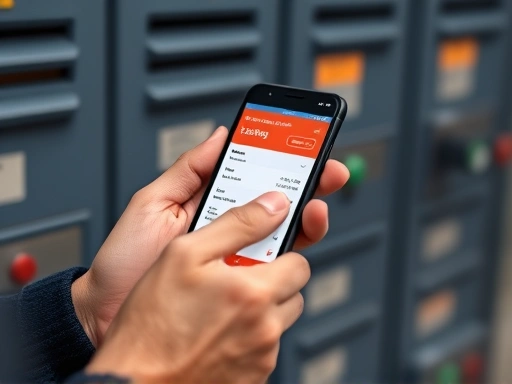 A close-up shot of hands holding a smartphone, carefully checking a delivery tracking screen, with a blurred background of a secure package locker. Emphasize digital safety and secure delivery methods for a single person.