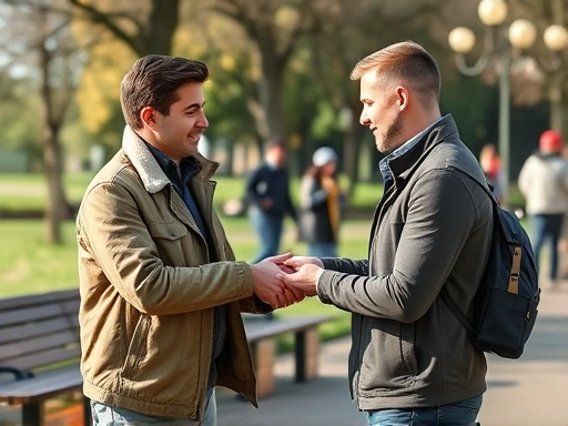 Two individuals completing a secure second-hand transaction outdoors in a public park, highlighting trust and successful exchange.