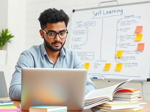 A focused person studying online with a laptop and books, surrounded by sticky notes and a whiteboard with a clear learning roadmap, symbolizing structured self-learning for professional skills. The scene is bright and organized, with a determined expression on their face. This image emphasizes planning and dedication.