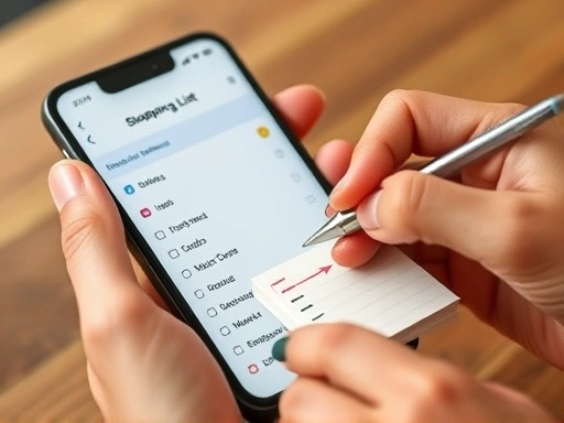 A close-up shot of a smartphone screen displaying a user-friendly shopping list app with categorized items, alongside a hand holding a pen ticking off items on a small physical notepad, emphasizing the choice between digital and analog efficient shopping list creation.