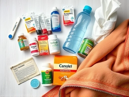 A detailed flat lay of a self-care essentials kit for someone sick alone, including a thermometer, various medicines, water bottle, tissues, and a warm blanket, highlighting preparedness.