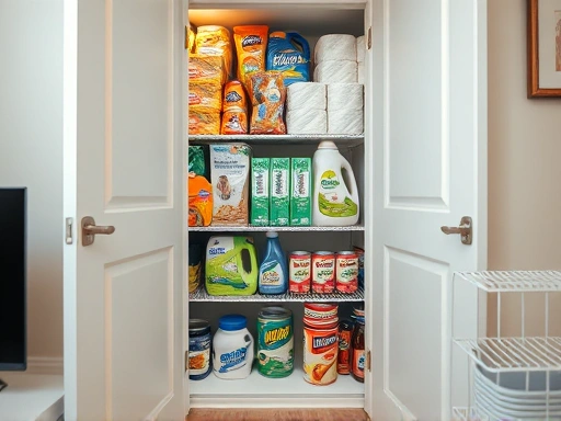 A meticulously organized storage space in a small apartment, featuring neatly stacked bulk daily necessities like toilet paper, detergents, and canned goods, with labels visible, conveying efficiency and smart living for a single person. Soft, natural lighting enhances the sense of calm and order.
