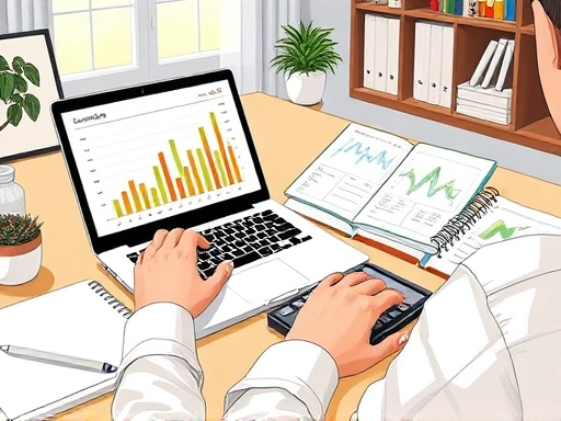 A detailed illustration of a person meticulously reviewing their financial statements, including a laptop with graphs and charts, a notebook with budget plans, and a calculator, in a modern, organized home office setting, focusing on long-term financial planning for single-person households.