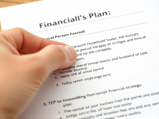 A close-up shot of a hand highlighting a specific step on a written financial plan document, showing clear, actionable steps for a single-person household's long-term financial strategy, emphasizing organization and clarity.