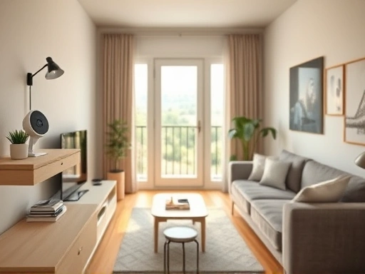 A modern, cozy apartment living room during daytime, with subtle home security elements like a smart camera on a shelf, a smart door lock on the entrance door, and a secure window, embodying safety and peace for a single person. Focus on a warm, inviting atmosphere with natural light, emphasizing a secure yet comfortable home. SEO keywords: home security, single household, smart living, apartment safety.