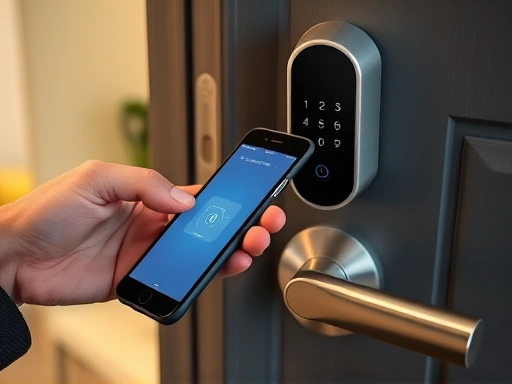 Close-up shot of a hand activating a smart door lock with a smartphone app, showcasing advanced security features. Emphasize the sleek design of the lock and the user-friendly interface on the phone. Include details like a secure chain lock or a deadbolt nearby, highlighting layers of protection. SEO keywords: smart door lock, app control, digital security, modern home.