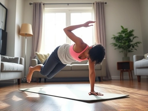 A person in a modern, clean living room doing a plank exercise using a yoga mat, with sunlight streaming through the window, showcasing a comfortable and achievable home workout environment.