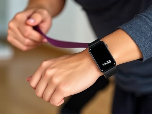 Close-up of a person's hands holding a resistance band during a stretch, with a smartwatch tracking their heart rate on the wrist, highlighting the integration of simple tools and technology for home fitness.