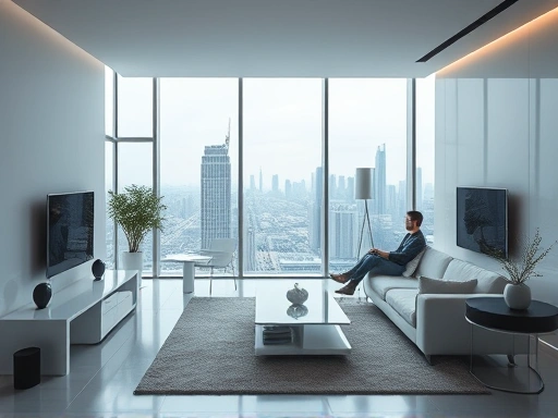 A futuristic apartment living room with sleek, minimalist furniture, large windows showing a city view, and a single person comfortably relaxing, reflecting the single-person household future trend.