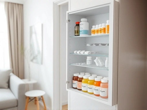 A cozy, minimalist apartment, a neatly organized transparent medicine cabinet, showing various labeled bottles and blister packs, soft natural light, clean and modern aesthetic.