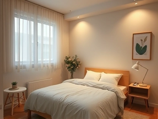 A cozy and tranquil bedroom specifically designed for a single person, with soft, warm lighting, minimalist decor, and a comfortable bed, emphasizing peaceful sleep environment for single-person households.