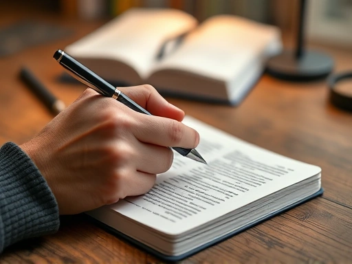Close-up of hands holding a pen over a journal, with blurred background showing a neatly organized desk and a philosophical book, illustrating the act of writing down values and personal insights.