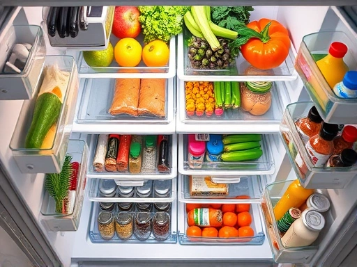 A detailed top-down view of a neatly organized refrigerator and pantry, reflecting a well-planned shopping list for a single person's household, showing fresh produce and organized staples. Focus on a clear and clean environment.
