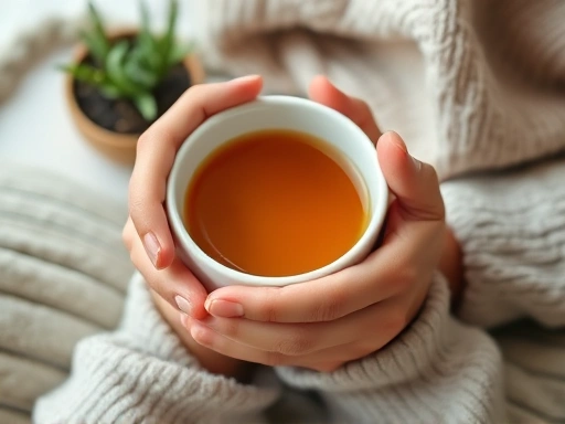 Close-up on hands holding a warm cup of tea or engaging in a mindful activity, surrounded by comforting elements like a soft blanket or a small plant. The focus is on the simple, tangible actions of self-soothing and stress reduction. Emphasize a sense of calm and tactile comfort. Keywords: mindful living, comfort, self-soothing, stress relief.