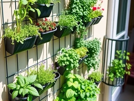A close-up of a clever vertical garden system on a small balcony, showing various herbs and small flowers thriving in wall-mounted planters, with sunlight highlighting the fresh greenery and efficient use of limited outdoor space for gardening.