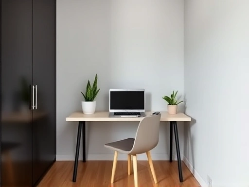 A minimalist and efficient home office setup in a compact room, featuring a sleek desk, laptop, monitor, and subtle green plants, showcasing effective space utilization.