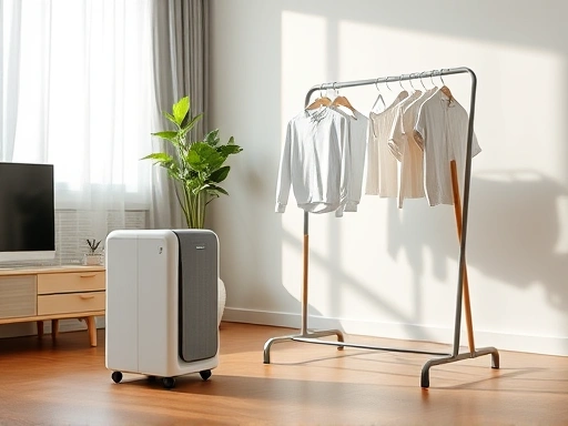 A modern, minimalist apartment living room with a small, discreet dehumidifier running near a compact clothes drying rack with clothes, bathed in soft, natural light, emphasizing efficiency and cleanliness.
