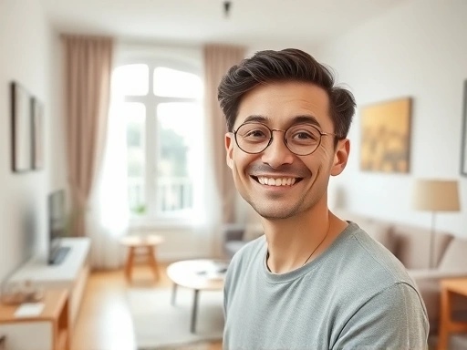 A clean, minimalist small apartment living room with a person smiling, illustrating successful organization and a sense of calm, natural light, warm tones.