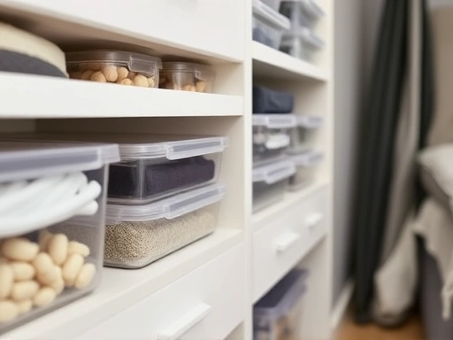Close-up of neatly organized drawers or shelves in a small apartment, showcasing smart storage solutions like clear containers and vertical stacking, tidy and efficient.