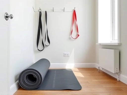 A modern, minimalist home workout space in a small, well-lit apartment, featuring a neatly rolled yoga mat, resistance bands on a wall hook, and bright natural light. Focus on space-saving workout equipment and tidy storage solutions.