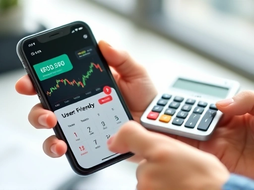 A close-up shot of a hand holding a smartphone, displaying a user-friendly investment app interface with colorful stock charts and numbers, while the other hand holds a small calculator, symbolizing active financial management and easy access to investment tools.