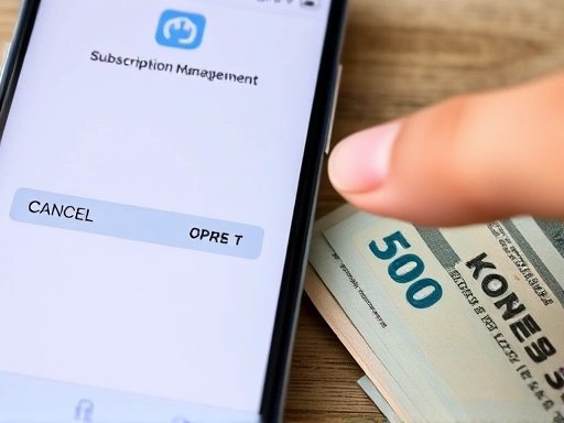 Close-up on a smartphone screen showing a subscription management app interface, with a finger about to tap a 