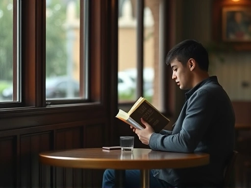A person comfortably eating alone at a cozy cafe, reading a book, soft natural light, peaceful atmosphere.