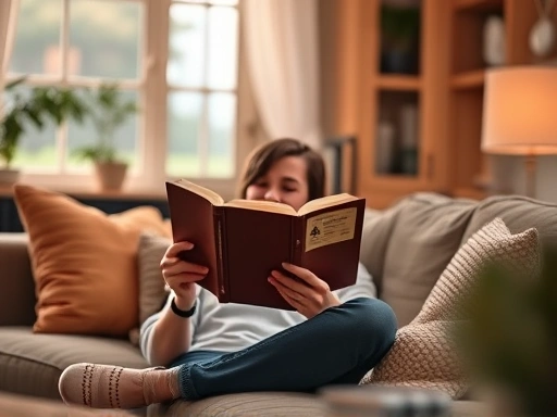 A person enjoying a peaceful moment while reading a book in a cozy living room, surrounded by soft light, focus on comfort and solitude, suitable for a blog post about solo hobbies.