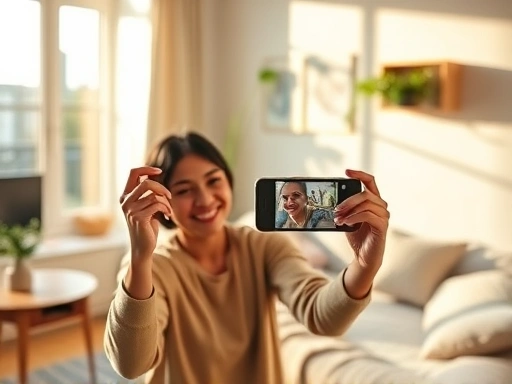 A person happily documenting their peaceful solo living space, with a smartphone in hand, warm sunlight, modern apartment, cozy atmosphere, focus on personal joy and simple pleasures, vibrant. 