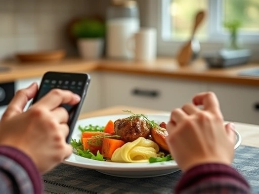 Close-up of a person's hands delicately arranging a beautifully plated homemade meal, with a smartphone capturing the moment, soft natural light, cozy kitchen setting, promoting the joy of solo cooking. 