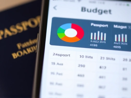 Close-up of a smartphone screen showing a budget tracking app with pie charts and numbers, a passport and boarding pass subtly visible in the background, bright and clear display.