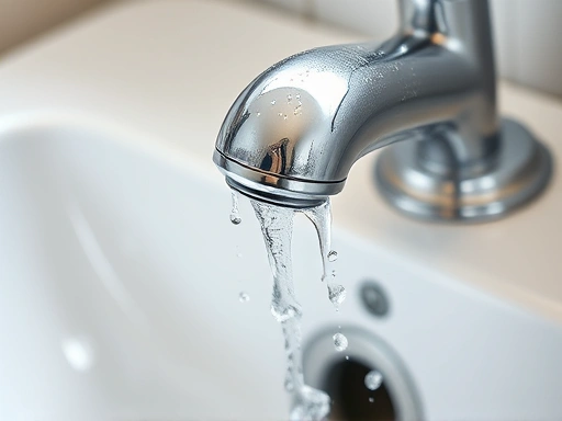 Close-up of a sparkling clean sink and faucet after being cleaned with natural ingredients. Droplets of water are visible, reflecting the light.